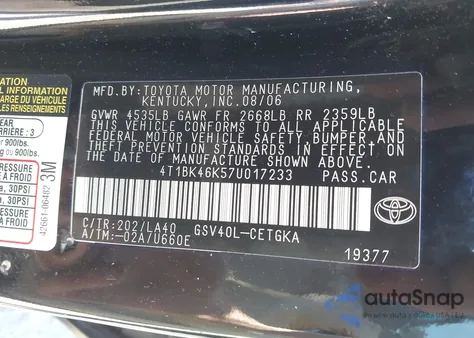 2007 Toyota Camry Xle V6 из США, поврежденный, VIN 4T1BK46K57U017233